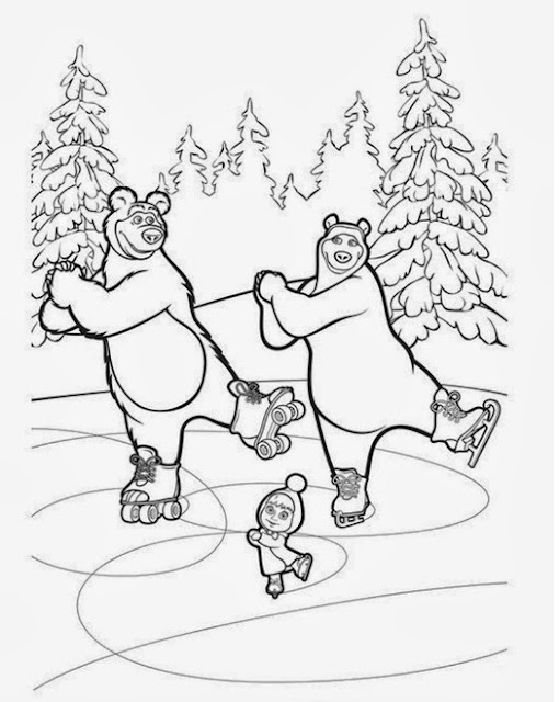 Lembar untuk Belajar Mewarnai Anak TK " Marsha and The Bear"