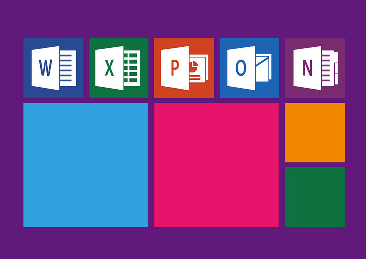 Microsoft Office app icons on a purple background