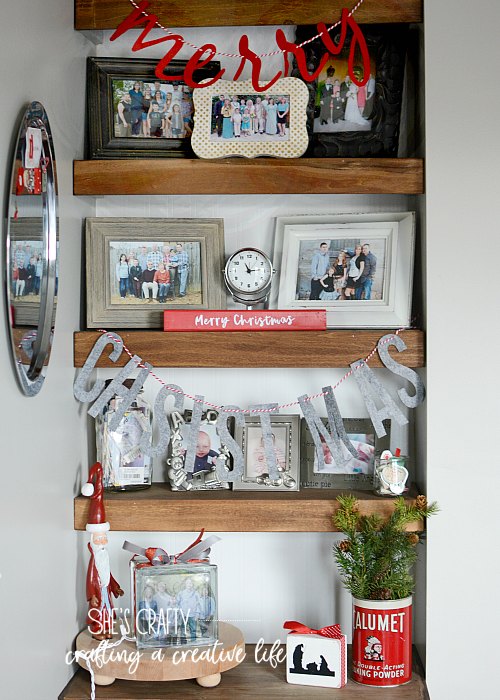 family photos, built in shelves, merry christmas felt garland