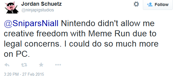 Ninja Pig Studios Meme Run Nintendo creative freedom legal concerns Jordan Schuetz