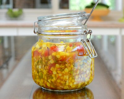 Sweet Corn Relish, perfect for summer sandwiches and salads ♥ AVeggieVenture.com. No canning required. Budget Friendly. Great for Meal Prep & Summer Food Gifts. WW Friendly. Vegan. Gluten Free.