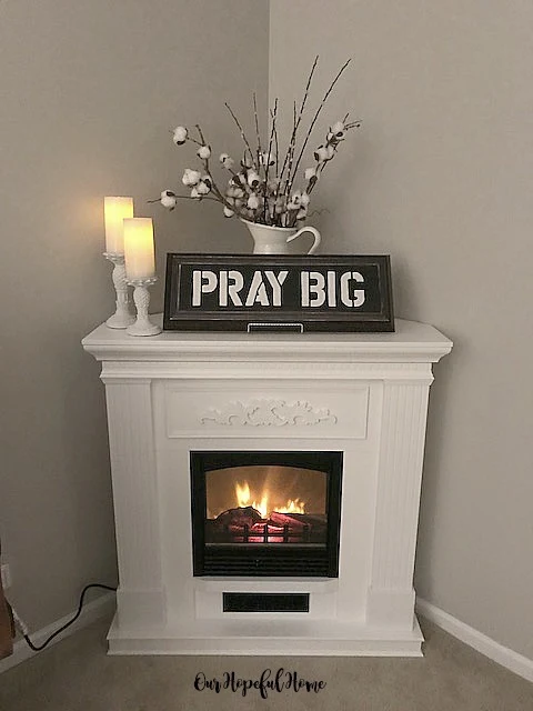 DIY cooton bolls Pray Big painted sign LED candles