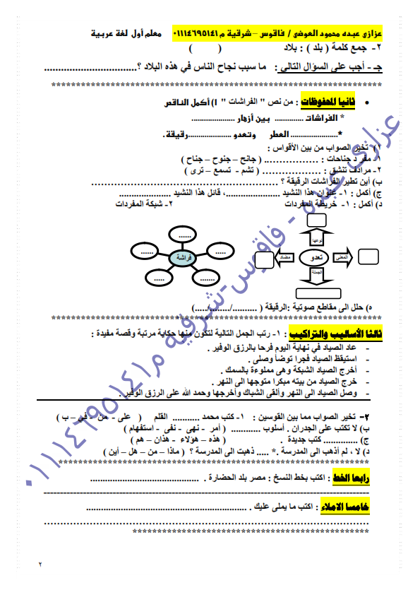 اقوى 5 اختبارات لغة عربية للصف الثالث بالقرائية والقراءة المتحررة الترم الثاني2016 141_002
