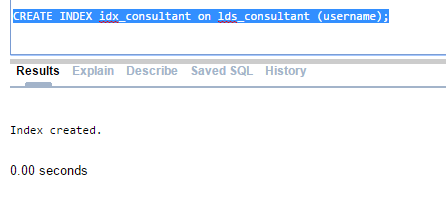 Creating Index on lds_consultant table, username column
