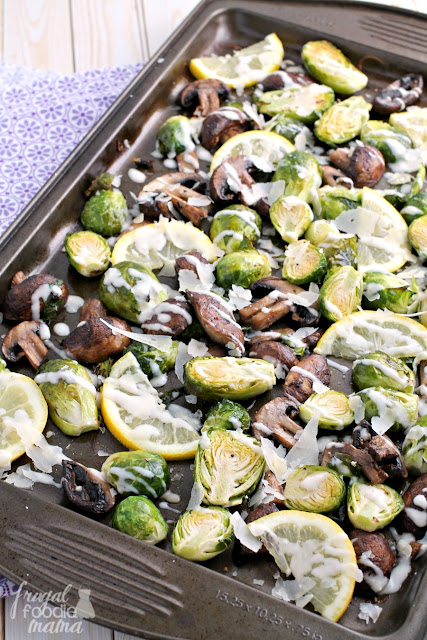 Fresh brussels sprouts & mushrooms are oven roasted until tender & caramelized & then topped with a rich & savory garlic Parmesan sauce in these Garlic Parmesan Roasted Brussels Sprouts & Mushrooms.