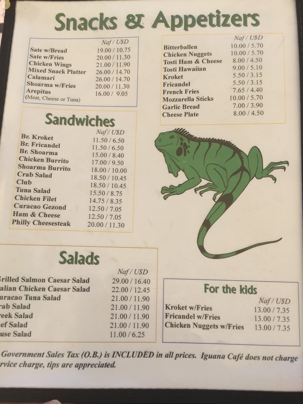 Deb's Days Iguana Cafe, Willemstad, Curacao Menu