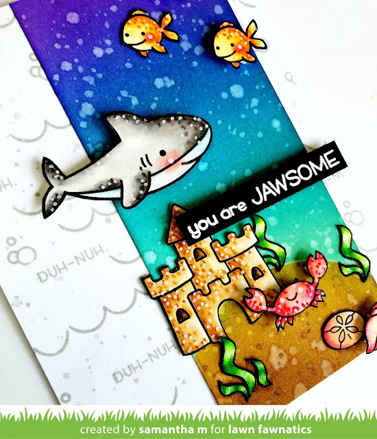 You are Jawsome Card by Samantha Mann for Lawn Fawnatics Challenge Blog, Lawn Fawn, Sea, Ocean, Summer, cards, Handamde card, distress Inks, ink blending #cards #lawnfawn #inkblending #distressinks #ocean