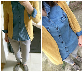 chambray top with mustard cardigan