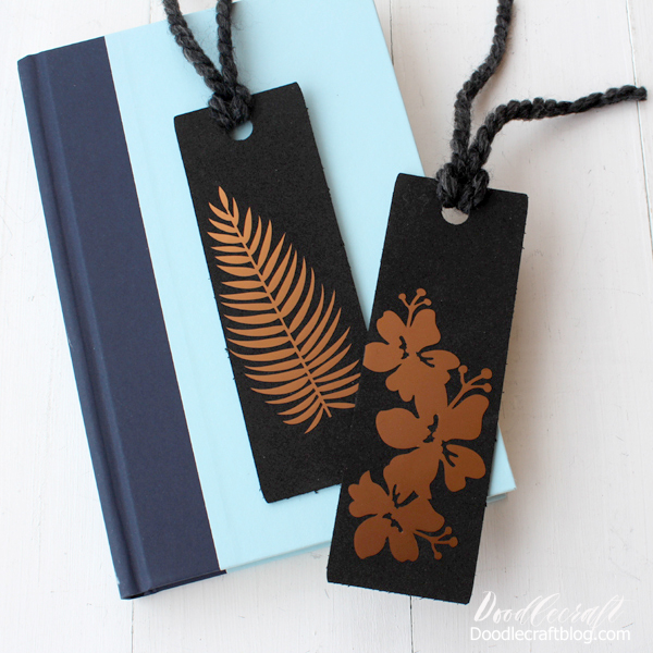 Craft Foam Bookmarks made with Cricut Maker Knife Blade Copper metallic vinyl on black craft foam bookmarks made with the Cricut Maker and knife blade.