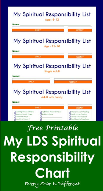My LDS Spiritual Responsibility Chart (Free Printable) with options for primary children, youth, and adults.