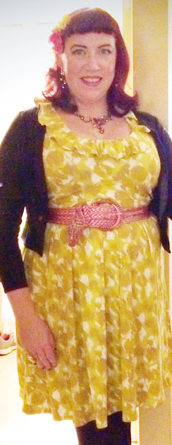 Bridget Eileen Plus Size Pin Up Yellow Vintage Style Dress with Ruffle Collar and Pink Belt