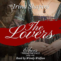 The Lovers audiobook cover. A woman in 17th century dress, a striped gown with fitted bodice, stands behind a red banner reading "the lovers". In the background is the ominous figure of a plague doctor 'quack'.