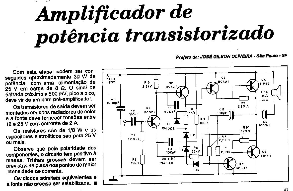 * Eletrônica Campo Elétrico Esquema amplificador transistorizado 30W.