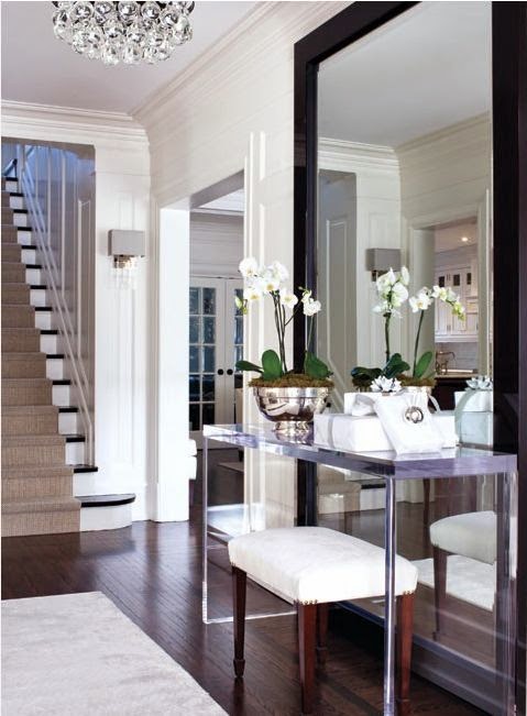 foyer mirror, large foyer mirror, lucite table and mirror