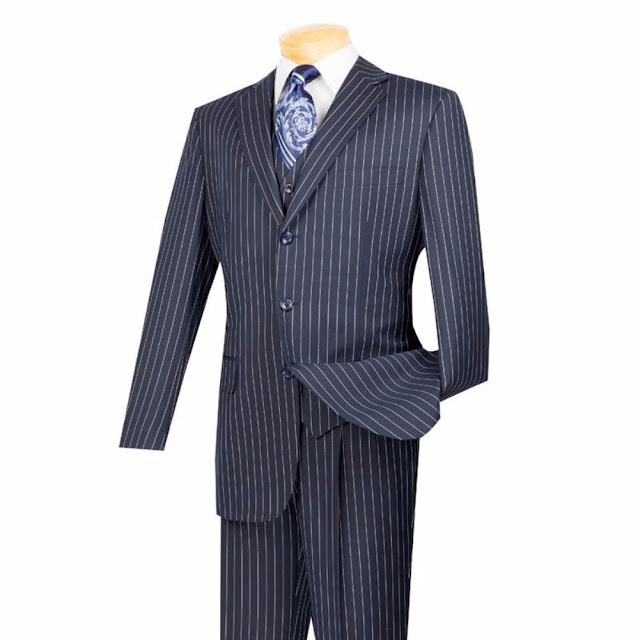 Regular Fit Men's Suit 3 Piece 3 Button Banker Stripe in Blue - 46 Short - 40 Waist / Blue