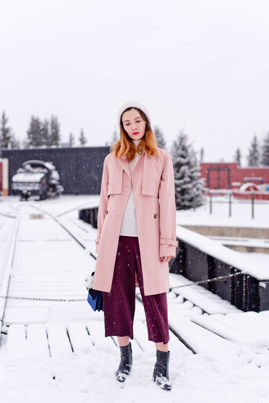 Topshop trench, blush coat, winter fashion, pantone rose quartz, culottes, velvet bag