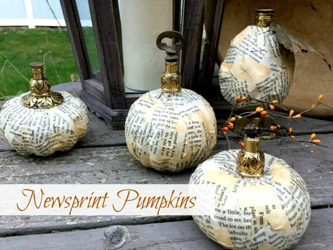 Newsprint fall decor pumpkins and gourds with overlay