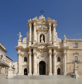 The facade of the cathedral at Syracuse, which was  rebuilt by Andrea Palma in Baroque style