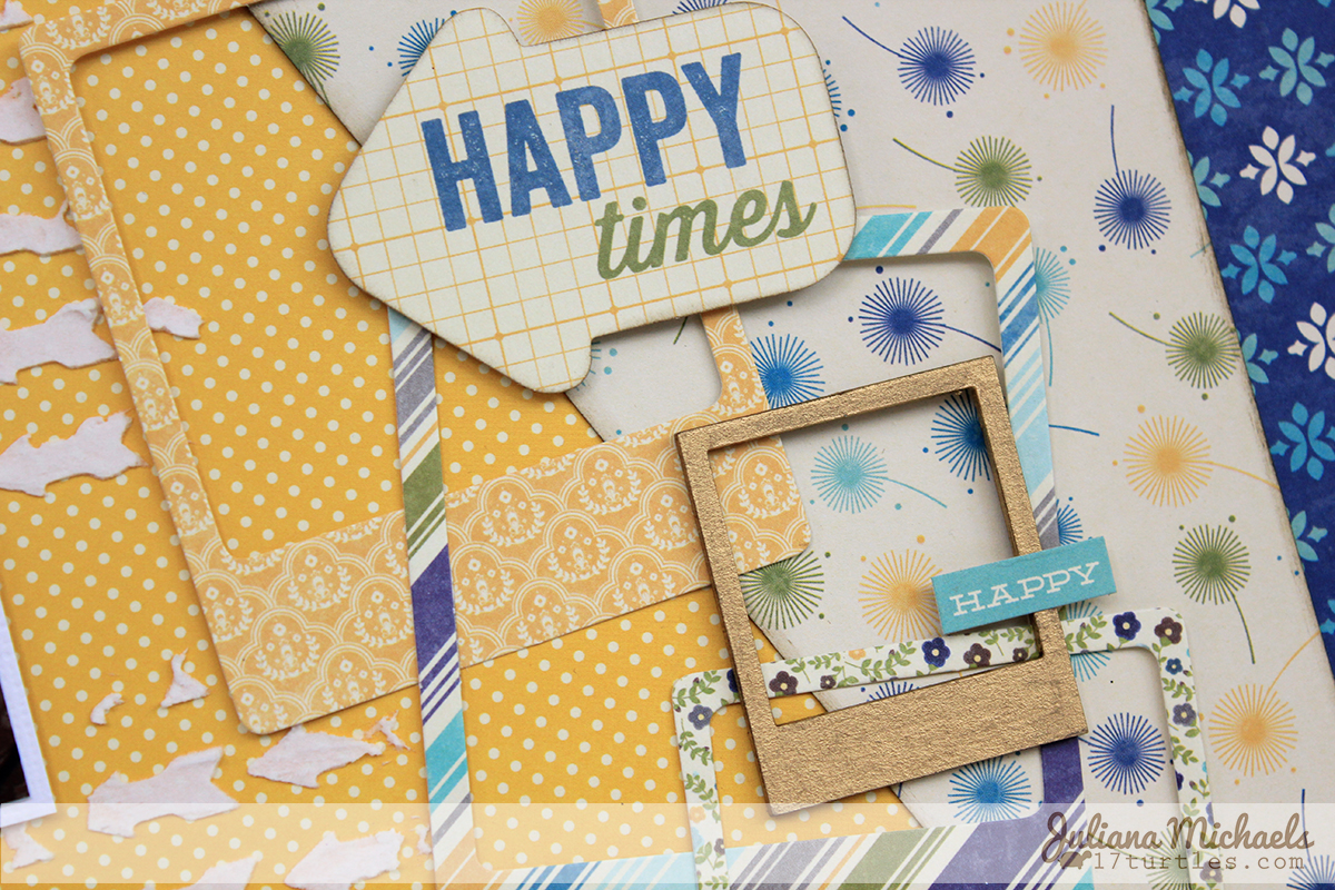 Use of Die Cuts and Chipboard Frames on Scrapbook page by Juliana Michaels