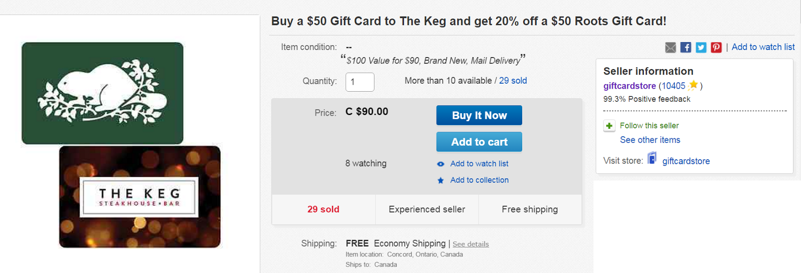 eBay: Buy a $50 the KEG Gift Card and Get 20% off a $50 Roots Gift Card