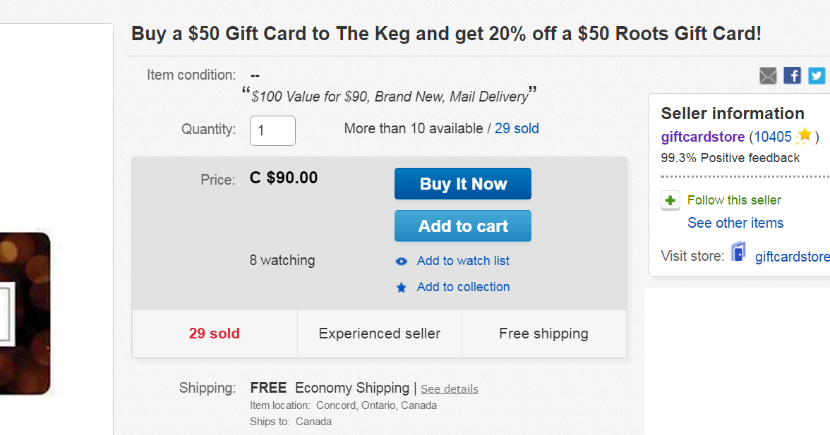 eBay Buy a 50 the KEG Gift Card and Get 20 off a 50 Roots Gift Card