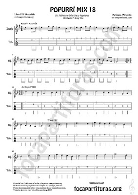  Tablatura y Partitura de Ukele Popurrí Mix 18 Aserrín Aserrán Infantil, Cantiga nº 100 y Waltzing Matilda Tablature Sheet Music for Ukelele Music Scores Tabs