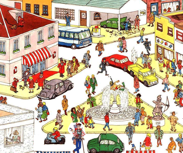 Picture of a street scene. Улица с людьми разных профессий. Рисунок множества людей. Картины со множеством деталей городок. Картинка улицы для описания.