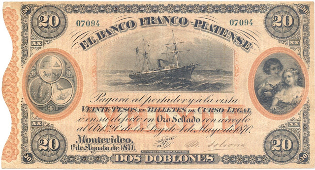 URUGUAY 20 PESOS 2 DOBLONES currency money banknotes