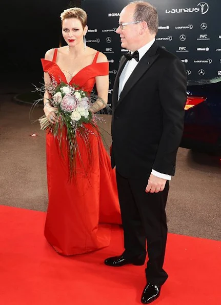 Princess Charlene of Monaco attended the 2017 Laureus World Sports Awards, wore Louis Vutton red gown