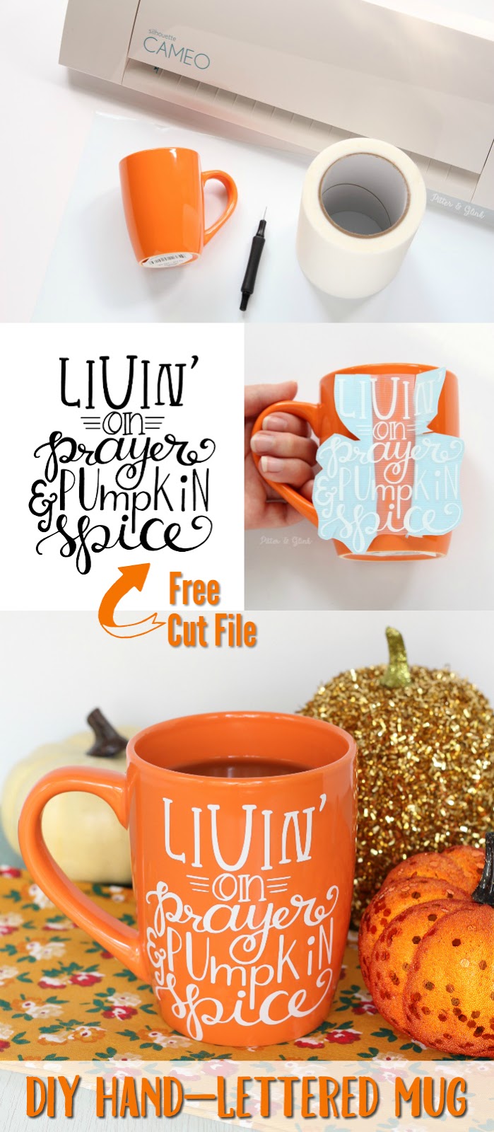 Share Your Love for Pumpkin Spice with This $2 DIY Mug.  Free hand-lettered SVG and Silhouette Studio cut files in post! pitterandglink.com