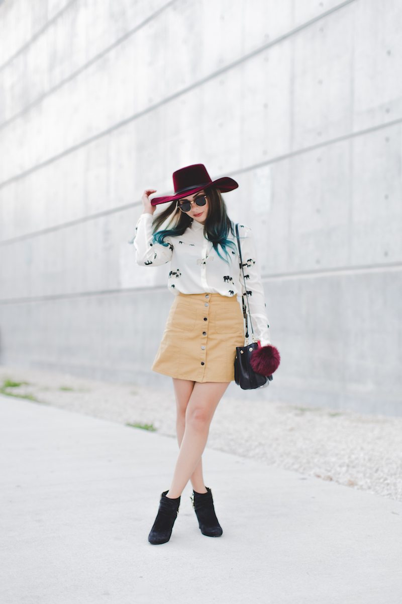 zara, elephant blouse, button down skirt, urban outfitters, henri bendel, velvet hat, free people, guess, ankle booties, fur keychain , miami, miami fashion, blue hair, ray ban sunglasses, 