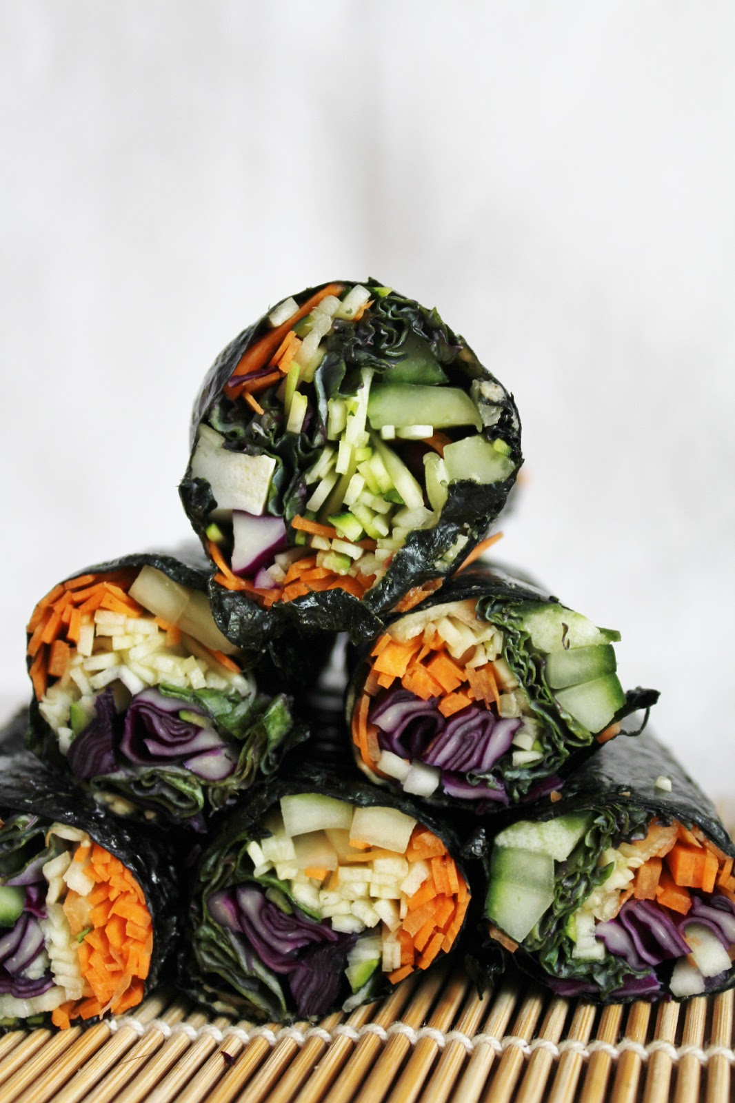 This Rawsome Vegan Life raw nori wraps with red cabbage, cucumber, carrots, zucchini & spicy