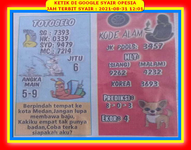Syair Sdy Hari Ini Selasa 31 Agustus 2021 Opesia Official