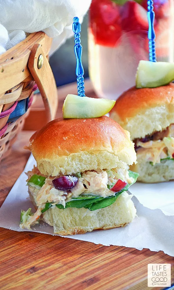 Chicken Salad Sliders | by Life Tastes Good combine a classic lunch sandwich favorite with the convenience of a slider bun. Freshly shredded chicken mixed with mayonnaise for creaminess, celery for a nice crunch, and a handful of refreshing grapes add a tasty sweetness. Perfect for lunch, dinner, or a fun picnic outing with the family!