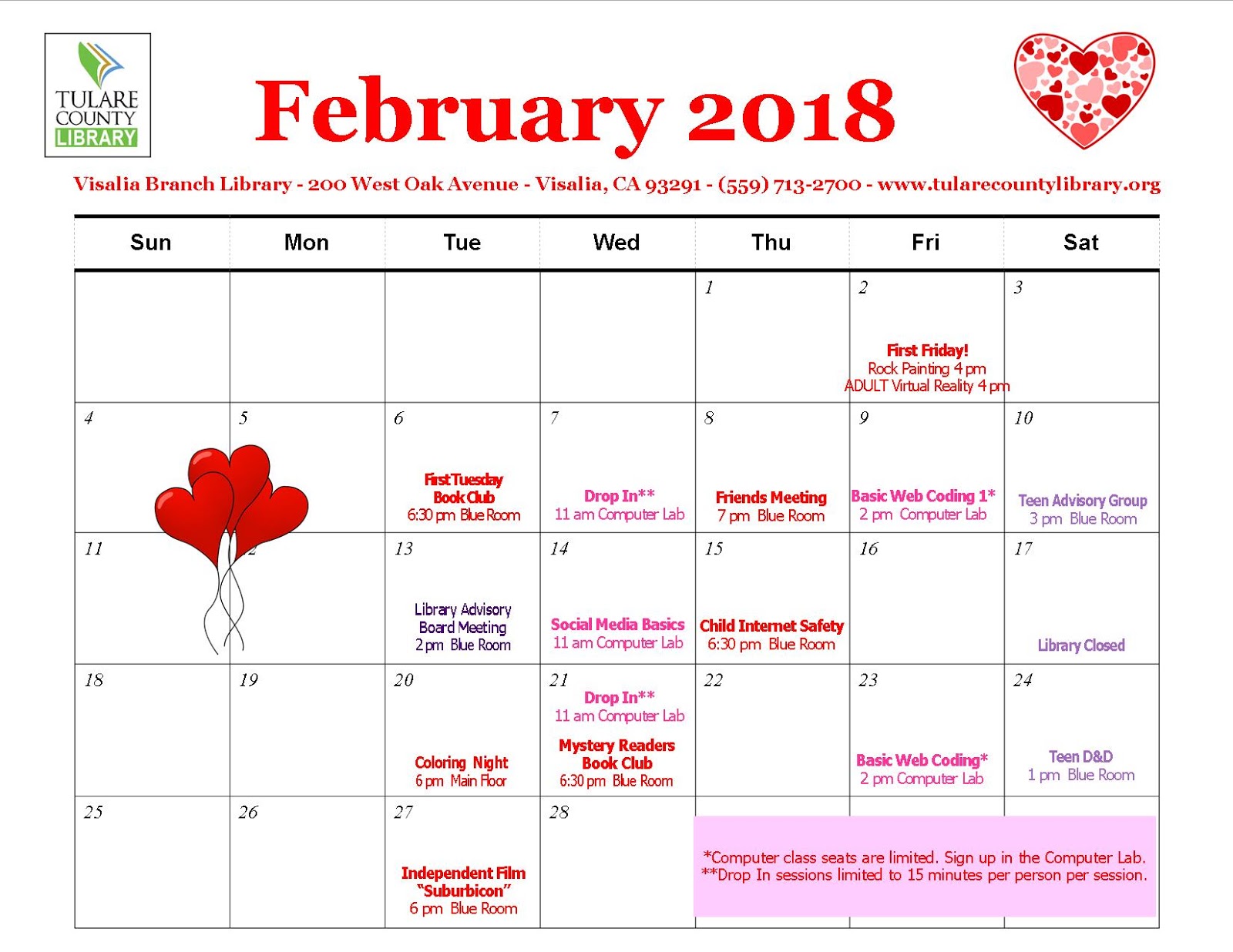 Tulare County Library News and Events February Calendar for Adults