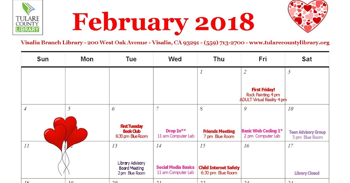 Tulare County Library News and Events February Calendar for Adults