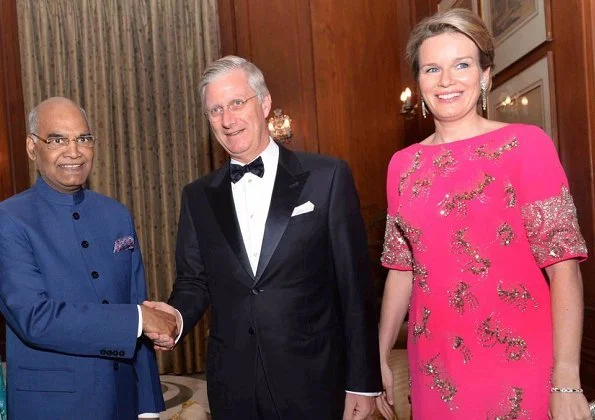 Queen Mathilde wore Dries Van Noten gown from Spring Summer 2018 collection at state Dinner. Ram Kovind