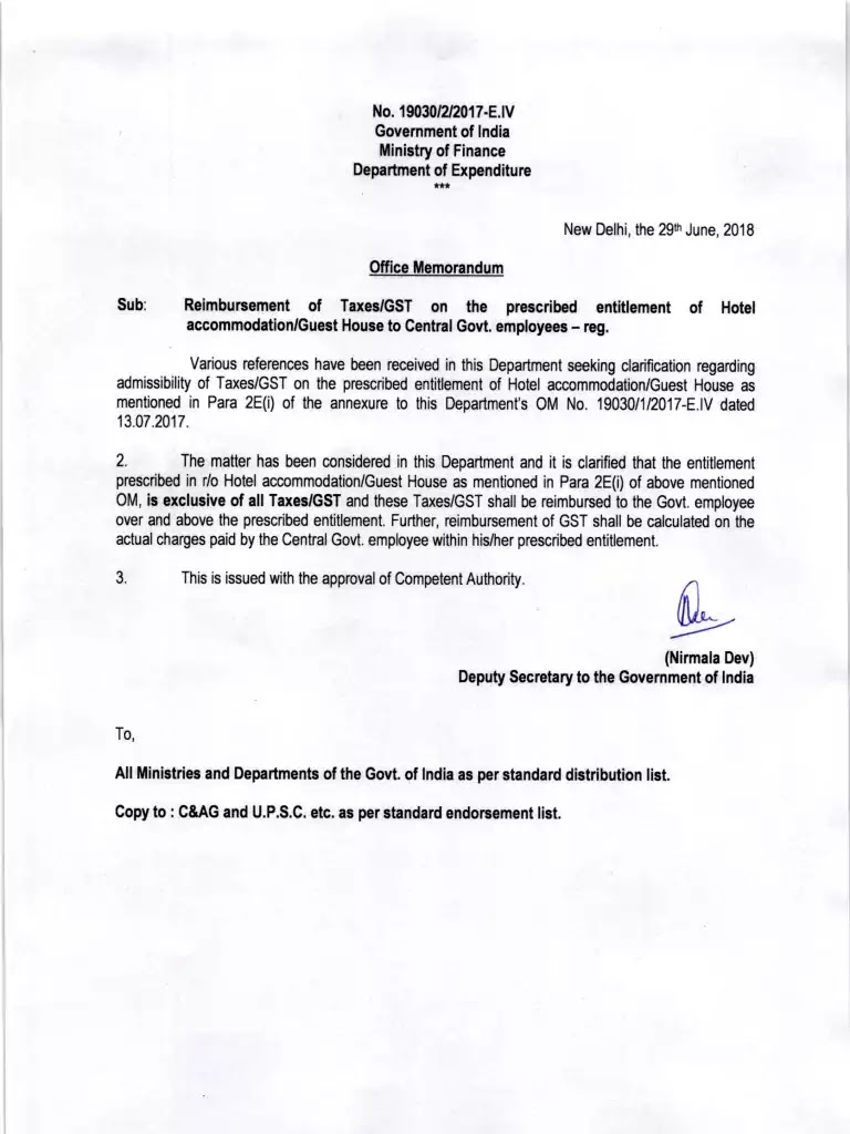 7th CPC TA Rules – Reimbursement of Taxes/GST on the prescribed entitlement of Hotel accommodation/Guest House: DoE Order with example