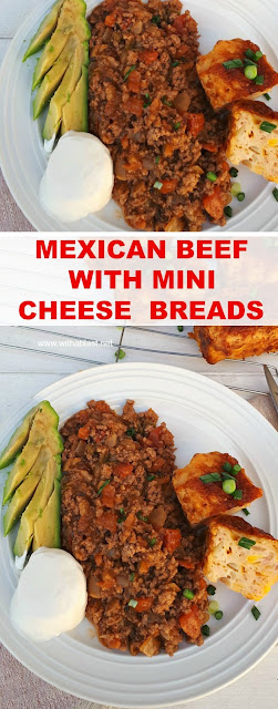 Complete meal ! Spicy Beef with mini Cheese loaves, avocado and sour cream