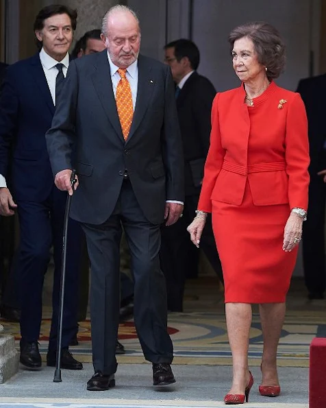 Queen Letizia wore Felipe Varela dress and wore Magrit Shoes in beige, Queen Sofia