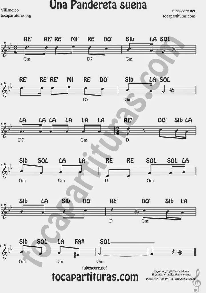 Una Panderata Suena Partitura fácil con notas para Flauta Dulce principiantes e instrumentos en clave de sol