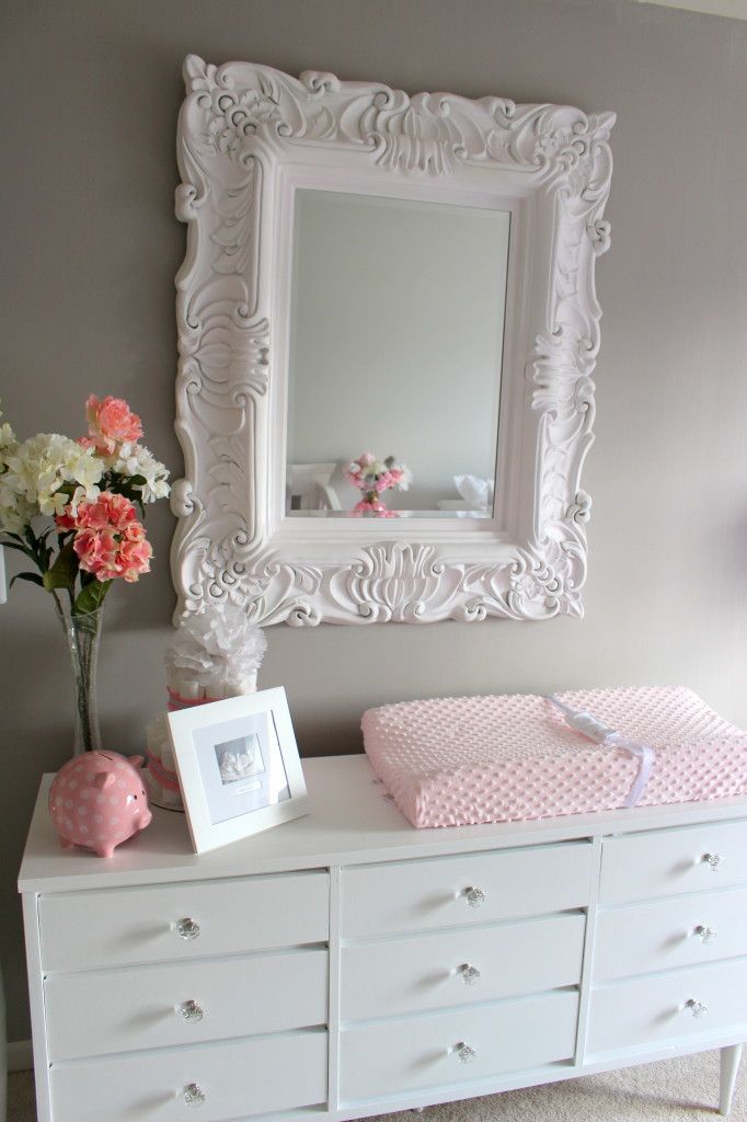 Project Nursery Vintage Mirror & Repainted Dresser. Love the be