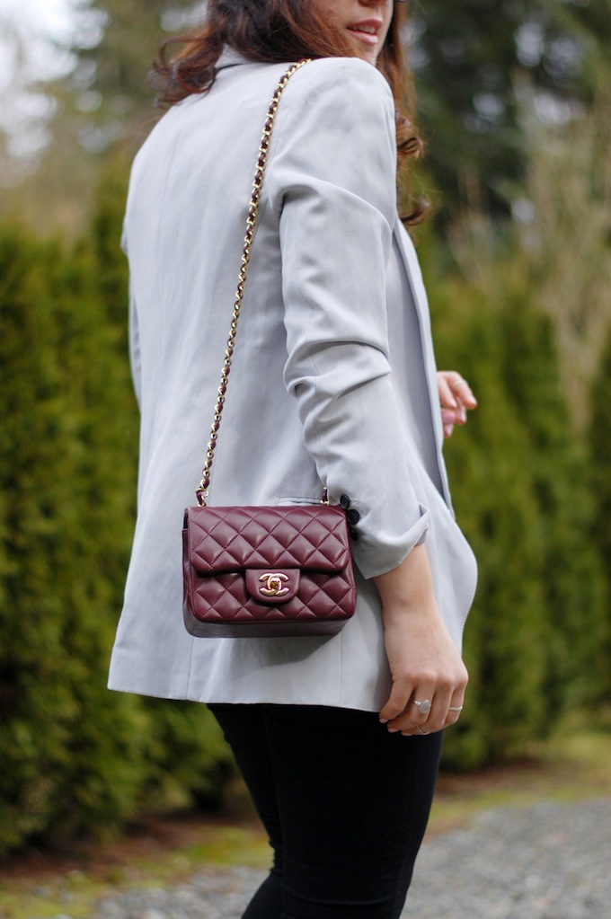 Chanel Mini flap bag burgundy Lambskin and Smythe Long Shawl Blazer by Vancouver fashion blogger Aleesha Harris of Covet and Acquire.
