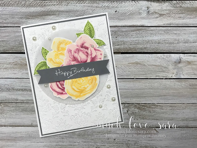 This pretty handmade birthday is made using Fun Stampers Journey Summer Rose stamp set, and Sentimental Prints stamp set.  The addition of a bit of Brushed Silver Pan Pastel highlights the dimension of the dry embossing.