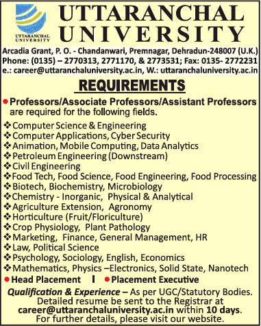 Uttarchal University Faculty Jobs 2019 in Microbiology/Biotech/Biochemistry