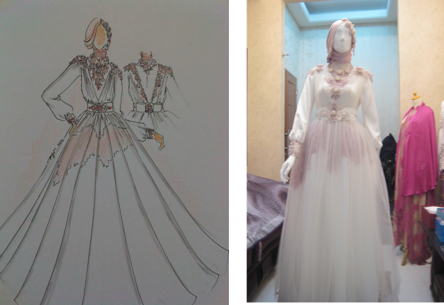 cara membuat baju pengantin muslimah 