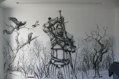 Malowanie wiedźmina w pokoju młodzieżowym, mural wykonany na ścianie