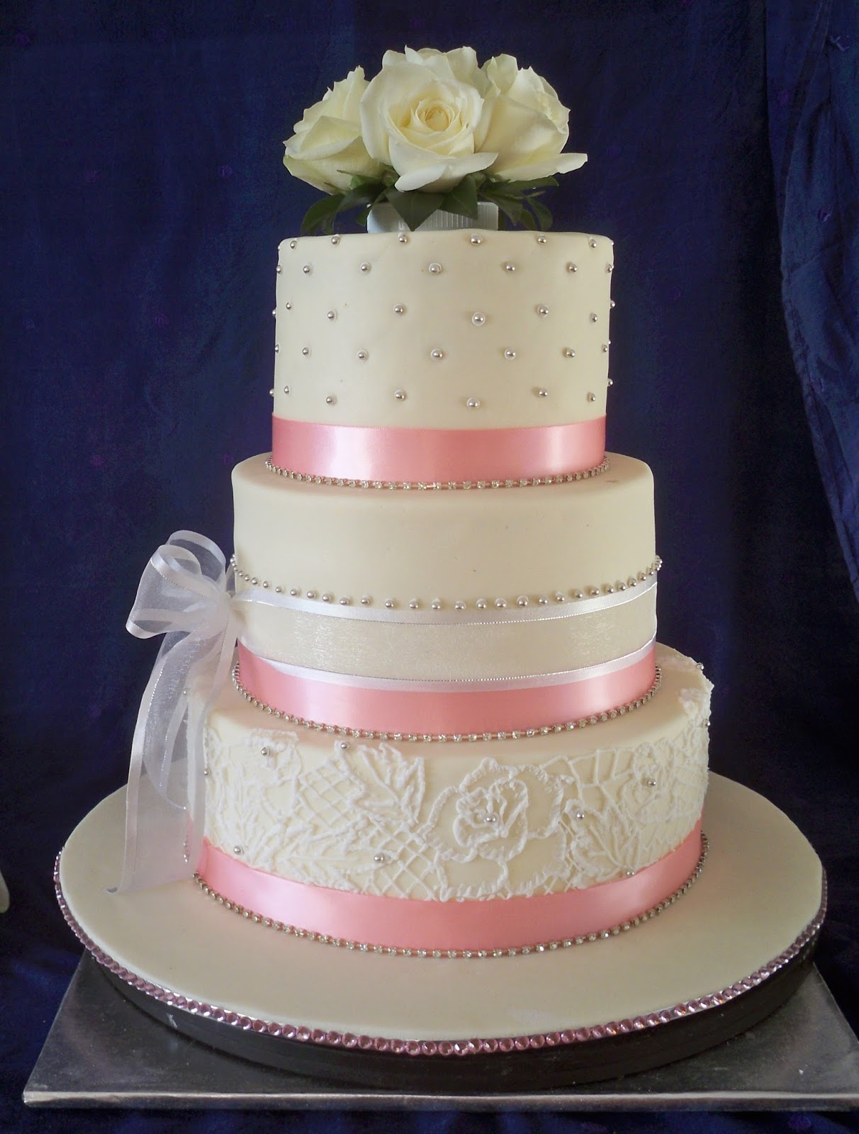 Elegant pink and silver lace wedding cake Elisabeth's Wedding Cakes