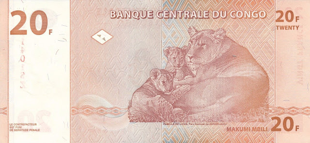 Currency of the Democratic Republic of the Congo 20 Congolese francs banknote 2003 Lioness with two cubs in Kundelungu National Park