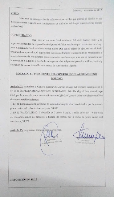 Disposición N° 18/17: Autorización de pago a la empresa Reparaciones Generales por trabajos realizados en EP 51 y EP 53 Disposición N° 18/17: Autorización de pago a la empresa Reparaciones Generales por trabajos realizados en EP 51 y EP 53